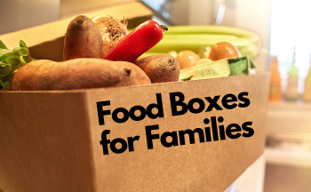 graphic of box of food with text "food boxes for families"