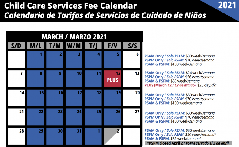 calendar graphic illustrating weekly breakdowns for Child Care costs