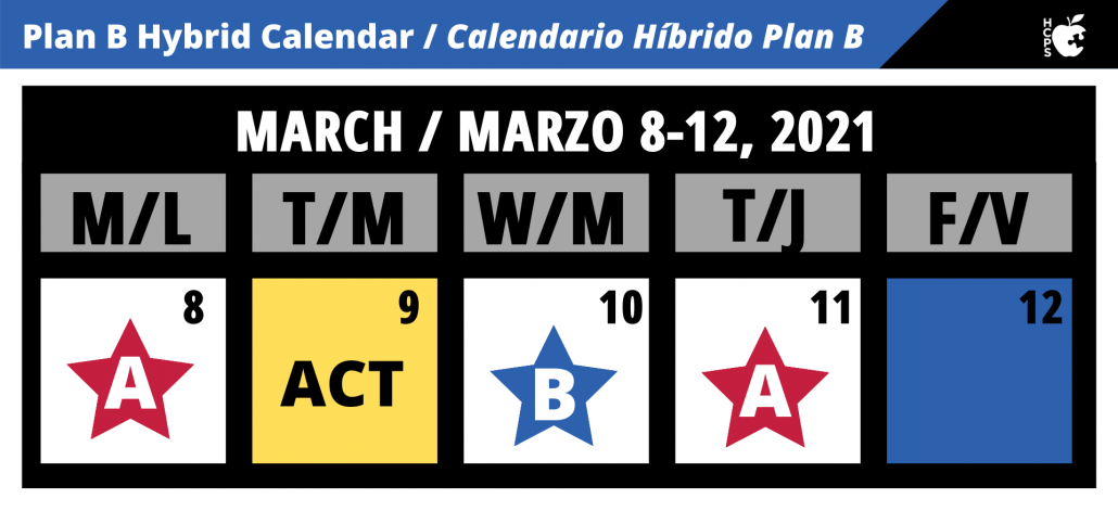 calendar graphic for Plan B hybrid learning for the week of March 8-12, 2021