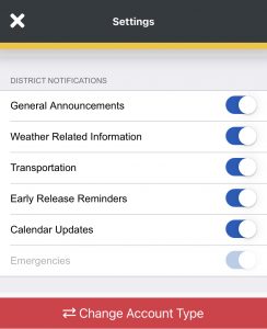 screenshot of notification settings on HCPS Mobile app
