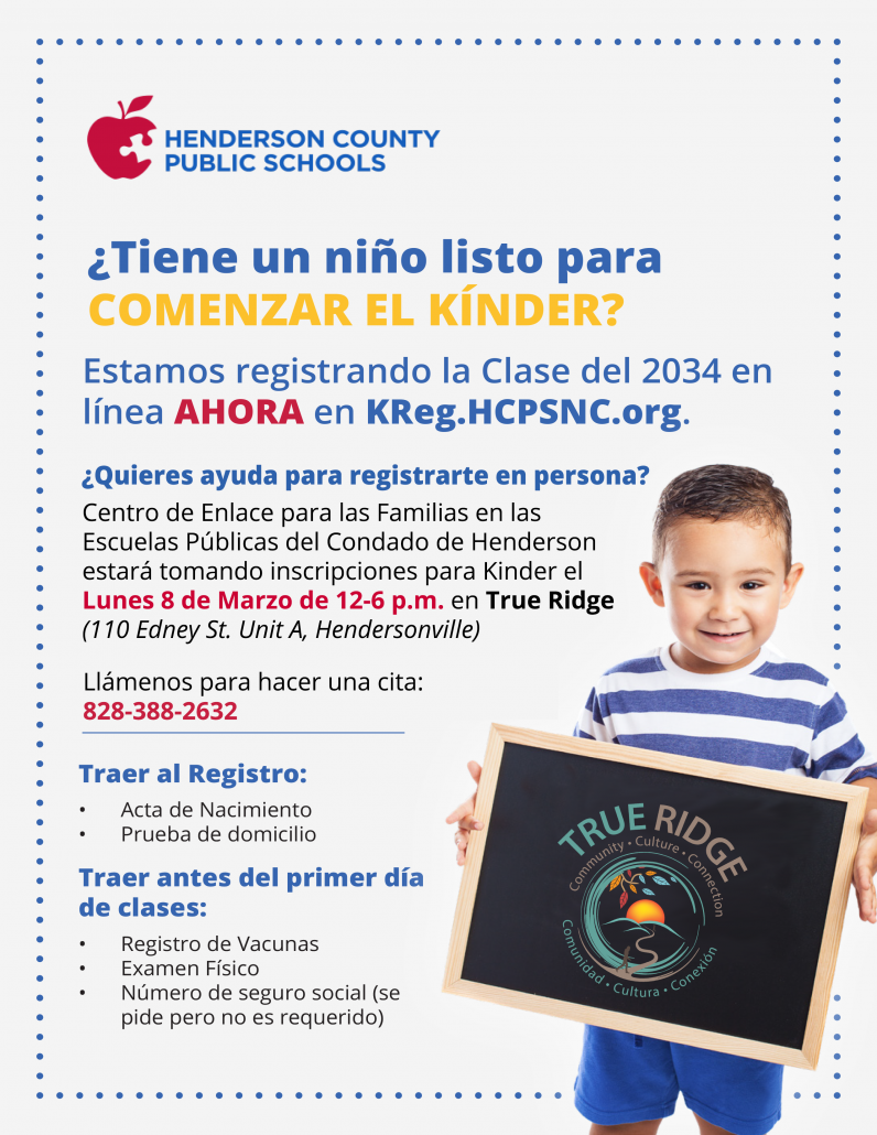 graphic of flyer in Spanish with information about a March 8 kindergarten registration event at True Ridge