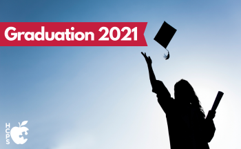 graduate throwing cap in air with text "Graduation 2021"