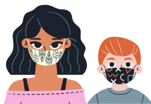 graphic of girl and boy wearing face coverings