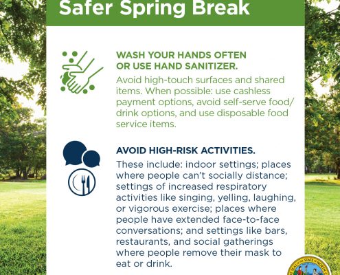 graphic with English text from NCDHHS on how to Celebrate Spring Break safely