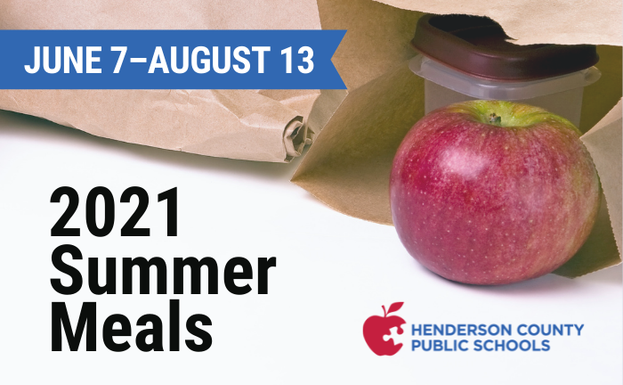 apple and brown lunch bag with text "2021 summer meals. June 7-August 13"