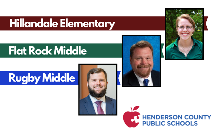 headshots of 3 principals with text "Hillandale Elementary, Flat Rock Middle, Rugby Middle"