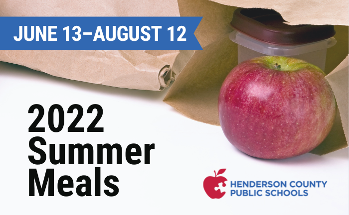 apple in lunch bag with text "June 13-August 12, 2022 Summer Meals"