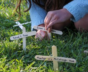 Crosses made from popsicle sticks with names written on them are placed in the grass.