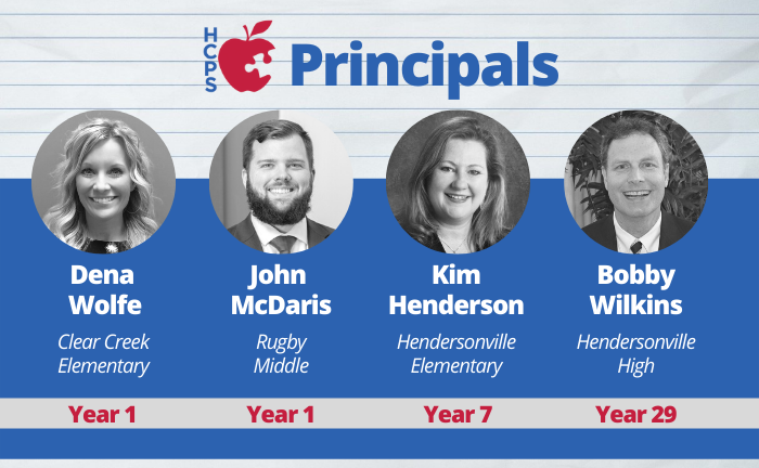 graphic with 4 principal headshots and text "Dena Wolfe, Clear Creek Elementary, Year 1," "John McDaris, Rugby Middle, Year 1," "Kim Henderson, Hendersonville Elementary, Year 7," "Bobby Wilkins, Hendersonville High, Year 29"