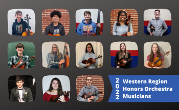 graphic with 13 individual headshots and text "2022 Western Region Honors Orchestra Musicians"
