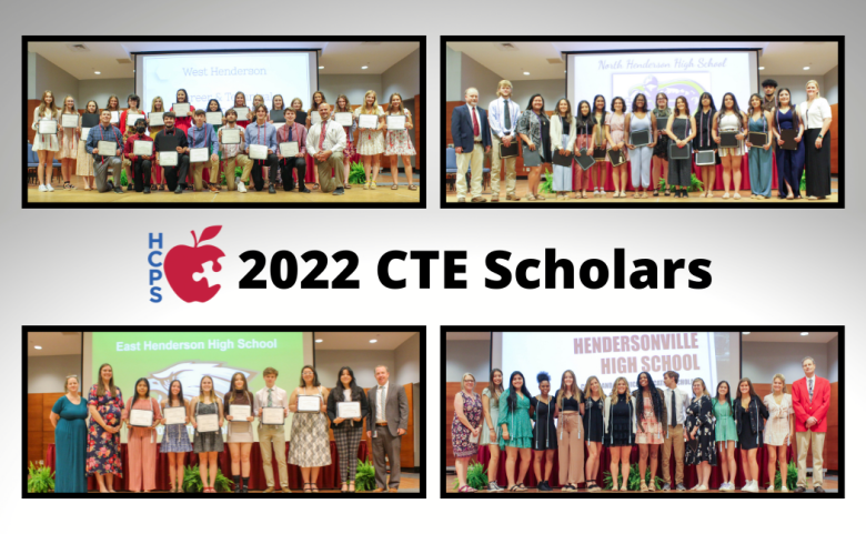 collage of four photos of student groups, text "2022 CTE Scholars"