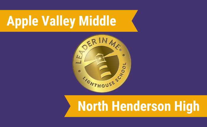Leader in Me seal and text "Apple Valley Middle" and "North Henderson High"