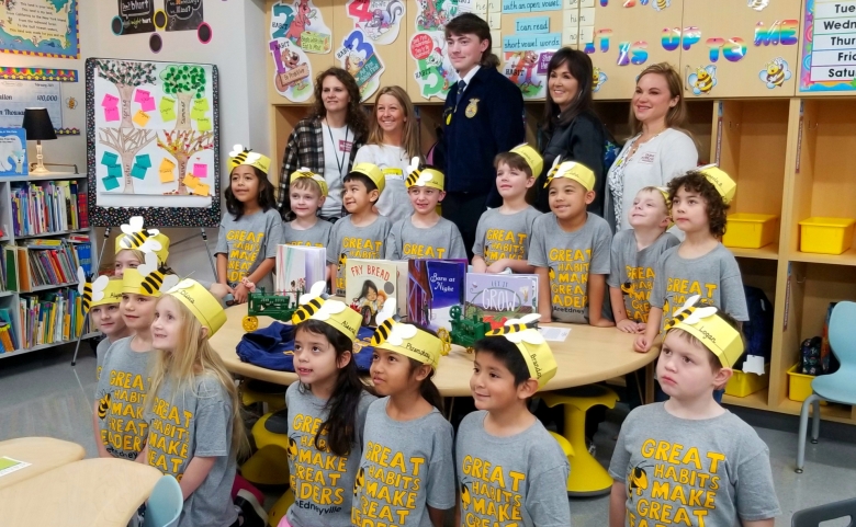 First grade class wearing bee hats