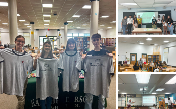 A collage of four photos from the leadership summit. First photo is of four students holding up t-shirts from the event, second photo is a group photo of 10 people, third photo is a candid photo of the chick-fil-a session, and fourth photo is EHHS principal Mr. Brandon Scott leading a session in a classroom.