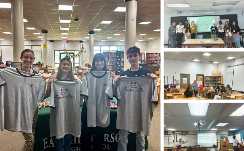 A collage of four photos from the leadership summit. First photo is of four students holding up t-shirts from the event, second photo is a group photo of 10 people, third photo is a candid photo of the chick-fil-a session, and fourth photo is EHHS principal Mr. Brandon Scott leading a session in a classroom.