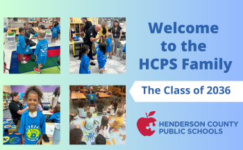 An image of text that says "Welcome to the HCPS Family. The Class of 2036." There are four images of kindergarteners receiving their bright blue shirts by sponsors and others.