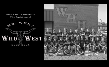 An image of text that says "WHHS DECA Presents The 2nd Annual Mr. WHHS Wild West. 2023-2024." There is a graphic of bull horns and a group photo of about 30 contestants outside.
