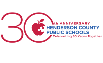 The 30th anniversary logo for Henderson County Public Schools. It has a 30 around the usual apple logo and text that says "30th Anniversary. Celebrating 30 years together."