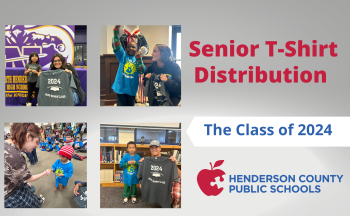A collage of four photos from the senior shirt distribution with text that says "Senior T-Shirt Distribution. The Class of 2024." There is the HCPS apple logo.