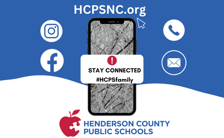 An image of text that says "Stay Connected. #HCPSfamily." There are graphics for instagram, facebook, telephone, email, and our website address "HCPSNC.org" with a mouse icon. The background image is blue and white with the HCPS logo.