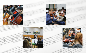 A collage of four photos of students playing orchestra instruments. The background is musical notes sheet music.