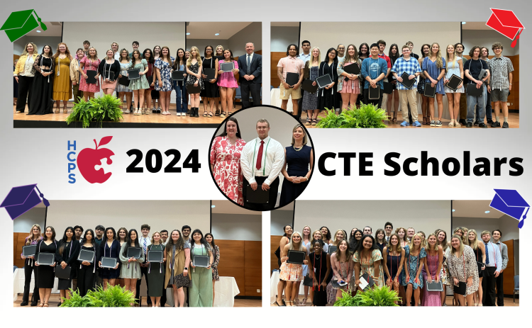 A collage of five photos. The first photo is a group photo of the east henderson CTE scholar students, second photo is Hendersonville High school group photo of CTE scholar students, third photo is a group photo of North Henderson's CTE scholars, fourth photo is a group photo of West Henderson's CTE scholar students, and the fifth photo is a career academy CTE scholar, a teacher, and an administrator.