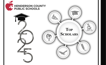 Henderson County Public Schools Top Scholars 2025 graphic. On the left, the numbers '2025' are stacked vertically with a graduation cap on top of the '2'. On the right, a central circle labeled 'Top Scholars' is surrounded by icons representing academic fields: a compass, graduation cap, microscope, pencil, airplane, and globe.