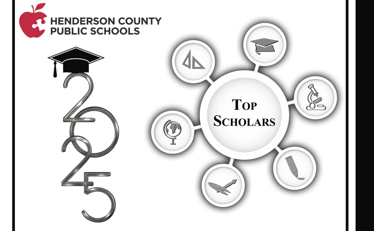 Henderson County Public Schools Top Scholars 2025 graphic. On the left, the numbers '2025' are stacked vertically with a graduation cap on top of the '2'. On the right, a central circle labeled 'Top Scholars' is surrounded by icons representing academic fields: a compass, graduation cap, microscope, pencil, airplane, and globe.
