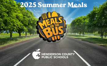 Promotional graphic for the 2025 Summer Meals program by Henderson County Public Schools. The image features a sunny road lined with green trees, with the 'Meals on the Bus' logo in the center and the Henderson County Public Schools logo at the bottom.