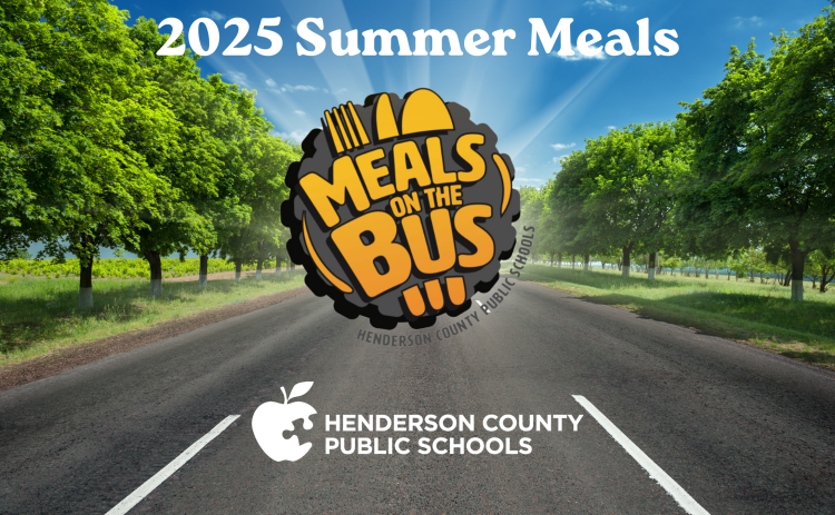 Promotional graphic for the 2025 Summer Meals program by Henderson County Public Schools. The image features a sunny road lined with green trees, with the 'Meals on the Bus' logo in the center and the Henderson County Public Schools logo at the bottom.