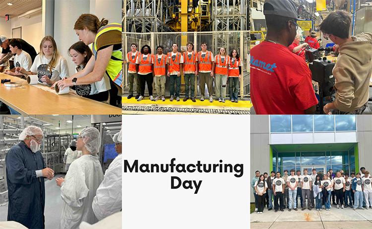 A collage of five pictures from various groups at various manufacturing facilities. There is text that says "Manufacturing Day."