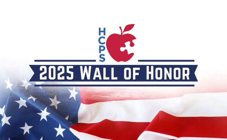 Graphic for Henderson County Public Schools’ 2025 Wall of Honor, featuring the HCPS apple puzzle logo above a banner with the text "2025 Wall of Honor" over an American flag background.