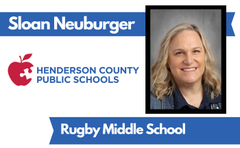 A headshot of Sloan Neuburger smiling with the text "Sloan Neuburger. Rugby Middle School." There is also the HCPS logo.