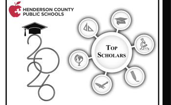 The graphic features the Henderson County Public Schools logo in the upper left corner, large stylized numbers "2026" with a graduation cap, and a central circle labeled "Top Scholars." Surrounding the center are icons representing academic subjects and achievement, including geometry tools, a graduation cap, a microscope, a book, an artist’s palette, and a globe.