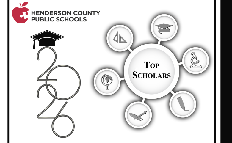 The graphic features the Henderson County Public Schools logo in the upper left corner, large stylized numbers "2026" with a graduation cap, and a central circle labeled "Top Scholars." Surrounding the center are icons representing academic subjects and achievement, including geometry tools, a graduation cap, a microscope, a book, an artist’s palette, and a globe.
