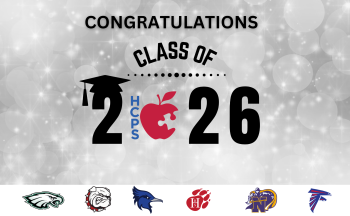 Silver and white graduation-themed graphic reading "Congratulations Class of 2026."The number "0" in 2026 is replaced with a red apple logo containing a puzzle piece cutout and the blue letters ‘HCPS’ beside it. A black graduation cap sits on the ‘2.’ Along the bottom are several school mascots and logos, including an eagle, bulldog, roadrunner, paw print, knight, and falcon.