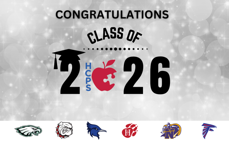 Silver and white graduation-themed graphic reading "Congratulations Class of 2026."The number "0" in 2026 is replaced with a red apple logo containing a puzzle piece cutout and the blue letters ‘HCPS’ beside it. A black graduation cap sits on the ‘2.’ Along the bottom are several school mascots and logos, including an eagle, bulldog, roadrunner, paw print, knight, and falcon.