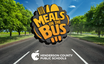 Graphic image features a sunny road lined with green trees, with the 'Meals on the Bus' logo in the center and the Henderson County Public Schools logo at the bottom.