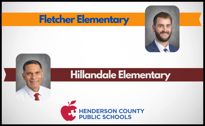 A graphic that shares Henderson County Public Schools announces two principal appointments for the 2026-2027 school year. Tyler Walker has been named principal of Fletcher Elementary School, and Omar Lemus has been named principal of Hillandale Elementary School. The graphic includes headshots of both administrators.